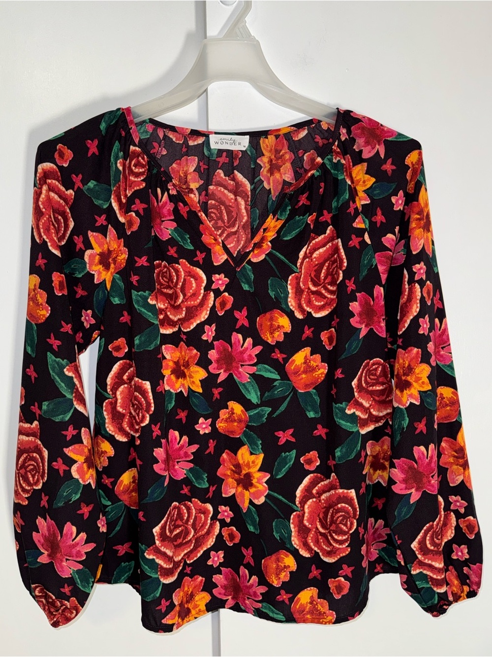 Emily Wonder Floral Long Sleeve Split Neck Blouse Women’s M Medium
